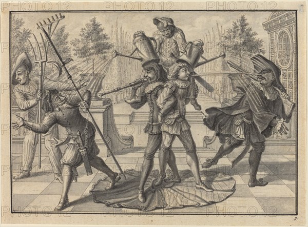 Harlequin and Scaramouche Create a "Fountain", 1729. Creator: Johann Jakob Schübler.