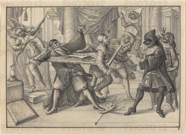 Mezzetin and Harlequin Use the Picture Frame to Catch Pantaloon and Pierrot, c. 1729. Creator: Johann Jakob Schübler.
