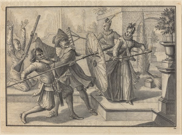 Pantaloon and the Doctor Fighting with Columbine and Brigatella in the Garden, c. 1729. Creator: Johann Jakob Schübler.