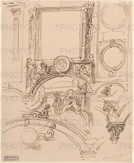 Architectural Details for a Wall Decoration with Empress Maria Theresia Embracing..., c. 1864. Creator: Moritz von Schwind.