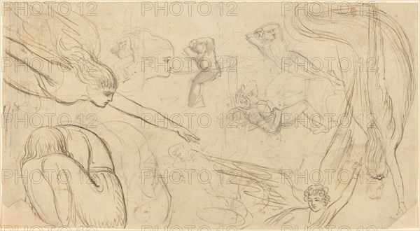 Sheet of Studies with Angels and Cowering Figures (Illustration for Macklin's Bible?), c. 1791. Creator: Thomas Stothard.