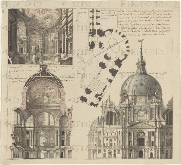 Three Views and a Plan of a Triangular Parish Church, c. 1750. Creator: Pierre Varin.