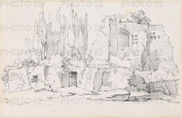 Roman Ruins with a Stand of Cypresses, 1744/1750. Creator: Joseph-Marie Vien the Elder.