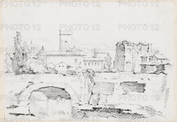 An Italian Town with a Stone Bridge and a Waterfall, 1744/1750. Creator: Joseph-Marie Vien the Elder.