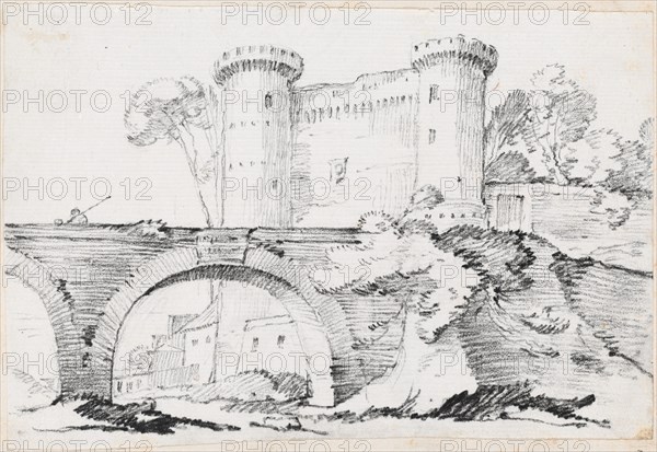 A Stone Bridge and the Fortified Entrance to a Town, 1744/1750. Creator: Joseph-Marie Vien the Elder.