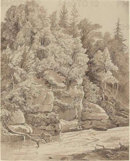 Wooded Cliffs along a Stream, 1840s. Creator: Carl Wagner.