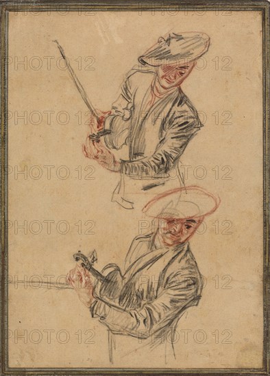 Two Studies of a Violinist Tuning His Instrument, 1717/1718. Creator: Jean-Antoine Watteau.