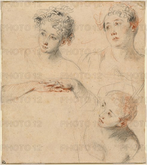 Three Studies of a Woman's Head and a Study of Hands [recto], 1718/1719. Creator: Jean-Antoine Watteau.