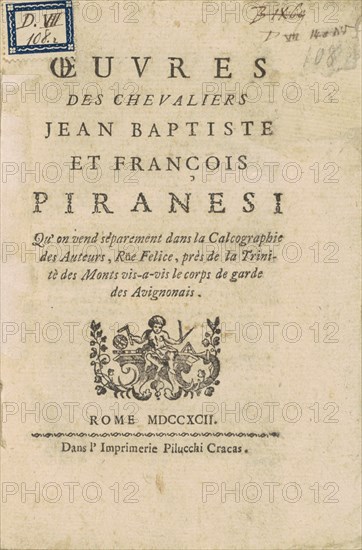 Oeuvres des Chevaliers Jean Baptiste et François Piranesi, 1792. Creators: Giovanni Battista Piranesi, Francesco Piranesi.