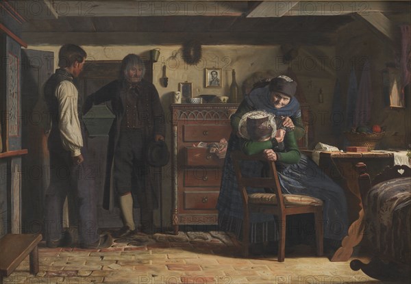 The Village Carpenter Bringing a Coffin for a Dead Child, 1857. Creator: Christen Dalsgaard.