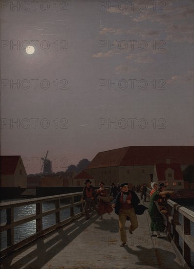 Langebro, Copenhagen, in the Moonlight with Running Figures, 1836. Creator: CW Eckersberg.