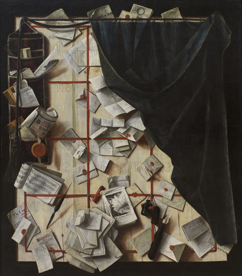 Trompe l'oeil - Board Partition with Letter Rack and Music Book, 1668. Creator: Cornelis Norbertus Gysbrechts.