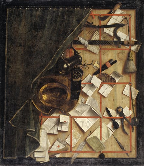 Trompe l'oeil - Letter Rack with a Barber-Surgeon's Instruments, 1668. Creator: Cornelis Norbertus Gysbrechts.