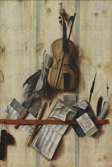 Trompe l'oeil with Violin, Music Book and Recorder, 1672. Creator: Cornelis Norbertus Gysbrechts.