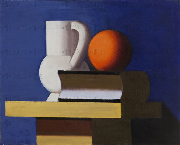 Still Life with White Jar, Orange and Book. Blue Background, 1932-1933. Creator: Vilhelm Lundstrom.