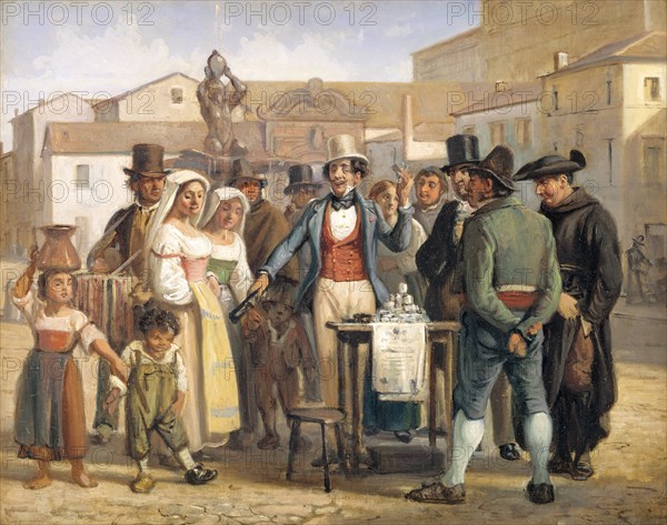 A Charlatan Selling Blacking in the Piazza Barberini in Rome, 1840-1849. Creator: Wilhelm Marstrand.