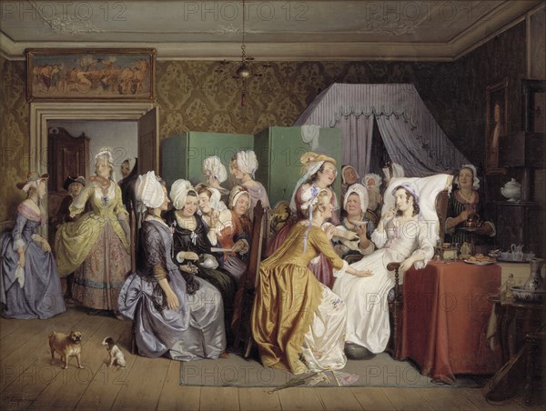 Scene from Ludwig Holberg's The Lying-in Room, 1845. Creator: Wilhelm Marstrand.