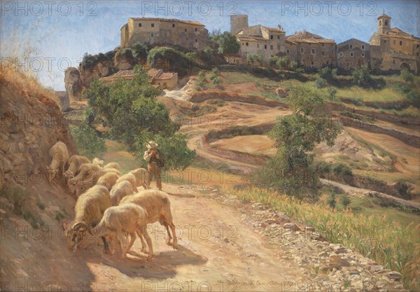 A shepherd boy with his sheep at Cività d'Antino, 1886. Creator: Joakim Skovgaard.