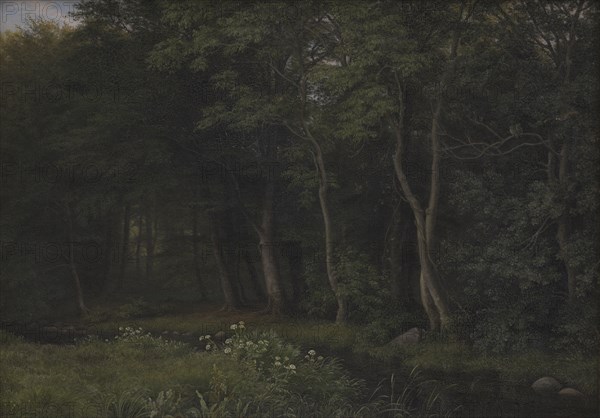 Twilight Setting in a Wood near Iselingen Manor, Zealand, 1860. Creator: Peter Christian Thamsen Skovgaard.