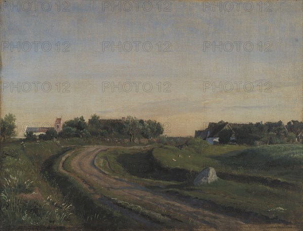 Vejby with the Church seen from the North, Zealand, 1843. Creator: Peter Christian Thamsen Skovgaard.