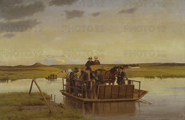 A ferry across the Gudenåen, 1910-1917. Creator: Hans Smidth.