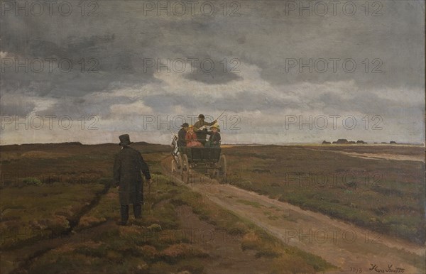 Heath landscape with a day wagon, 1913. Creator: Hans Smidth.