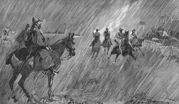 ''The Newmarket October Meeting -- Racing in Wind and Rain; rain on the Course', 1891. Creator: Unknown.