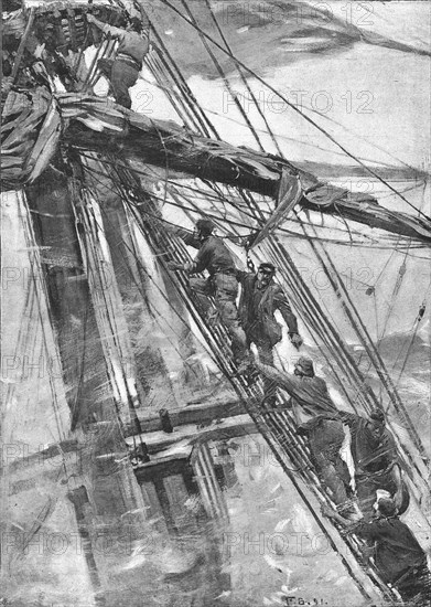 '' Aground -- The Crew take to the Rigging', 1891. Creator: Frank Brangwyn.