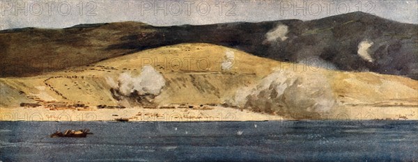 'La baie de Suvla et les Falaises d'Anzac; Eclatements d'obus turcs de gros calibre', 1915 (1916). Creator: Norman Wilkinson.