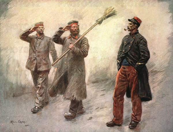 ''Au Camp des Prisonniers Allemands de Dinant; La corvee de quartier', 1915. Creator: Maurice Orange.
