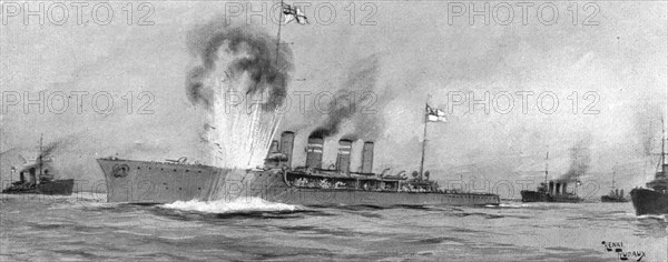 ''La surveillance de la mer; l''Amphion' touchait une mine et coulait en quelques instants', 1914. Creator: Henri Rudaux.