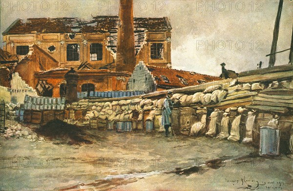 ''Cour d'Usine barricadee', 1915. Creator: Francois Flameng.