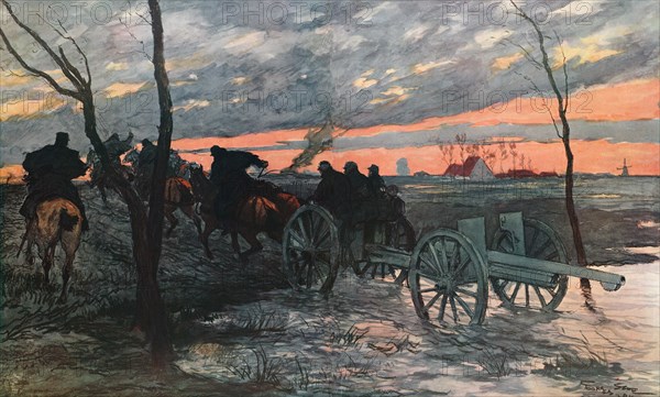 ''Coucher de Soleil dans la Plaine de L'Yser: Piece de 75 Allant Prendre Position', 1914. Creator: Georges Bertin Scott.