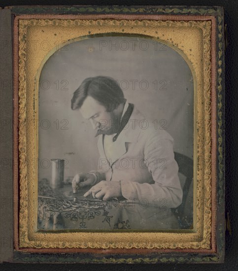 Occupational portrait of a tinworker (?), half-length, left profile..., between 1851 and 1860. Creator: Abraham Bogardus.