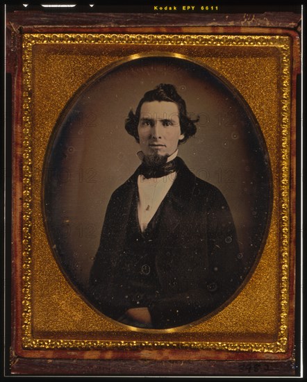 Unidentified man with beard, half-length portrait, facing front, ca. 1855. Creator: Francis Grice.