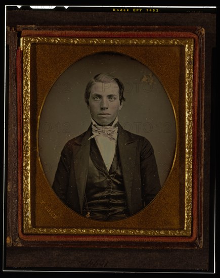 Unidentified man, half-length portrait, facing front, ca. 1855. Creator: Francis Grice.