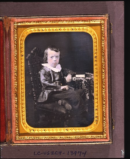 Portrait of George Burtis Lee, seated with arm resting on table with tablecloth, Dec.18, 1855. Creator: T H Newcomer.