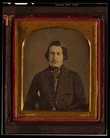 Unidentified man, half-length portrait, seated, facing front, between 1848 and 1860. Creator: Montgomery Simons.