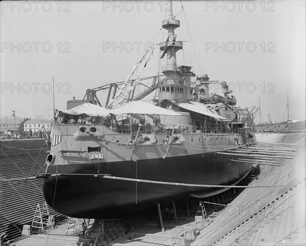 U.S.S. Oregon in dry dock, Brooklyn Navy Yard, 1898 Aug-Oct. Creator: Edward H Hart.