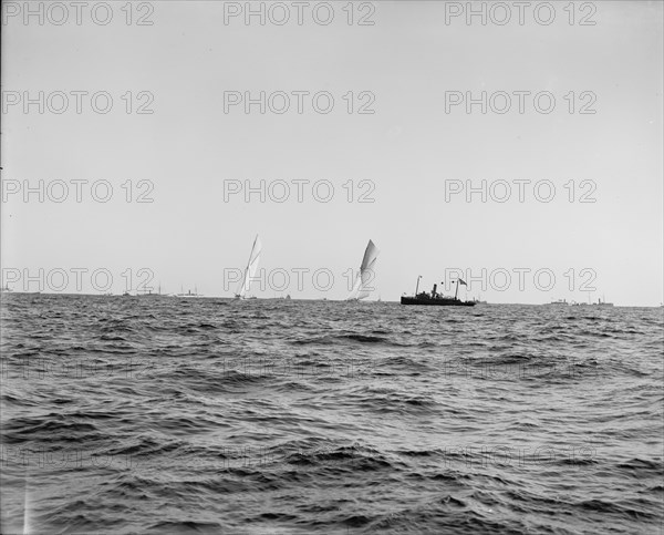 Columbia and Shamrock I, ready for the start, Oct. 7, '99, 1899 Oct 7. Creator: Unknown.