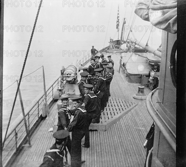 U.S.S. Yankee, "All hands on the boat falls", between 1898 and 1901. Creator: Unknown.