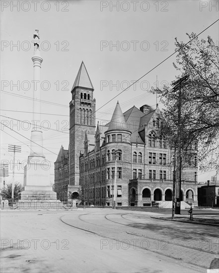 Steele High School and Soldiers' Monument, Dayton, O[hio], between 1900 and 1906. Creator: Unknown.