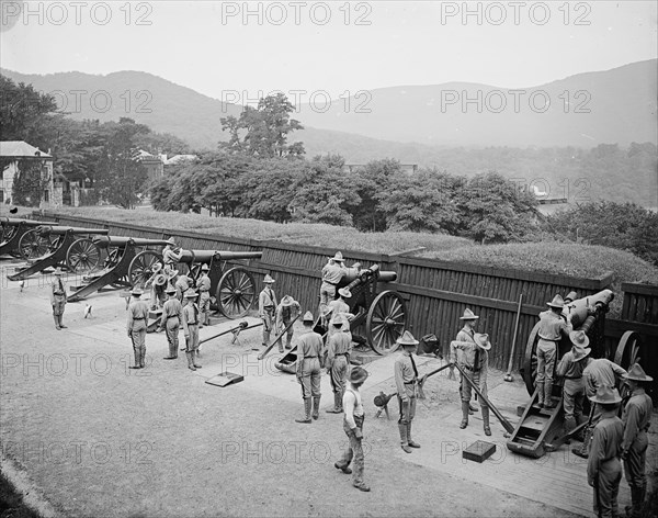 Siege battery drill, fixing sights, West Point, N.Y., c1905. Creator: Unknown.