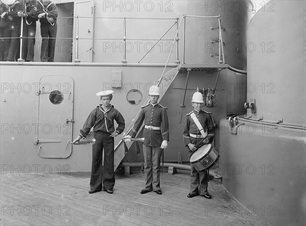 U.S.S. Massachusetts buglers and drummer, between 1896 and 1901. Creator: Unknown.