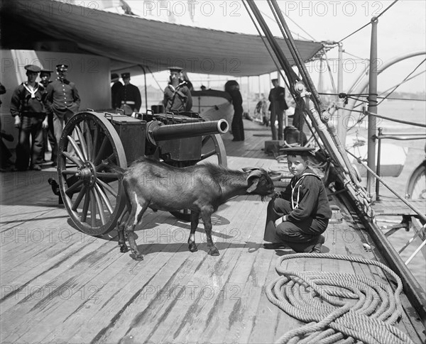 U.S.S. New York, Admiral Sampson's son and "Pitch" the mascot, (1899?). Creator: Unknown.