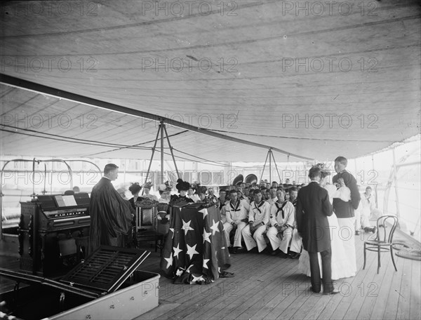 U.S.S. Texas, presentation of cross and badge to Ensign Gherardi by the King's..., Aug. 8, 1897. Creator: Unknown.