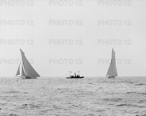 Reliance and Shamrock III coming for the line, Aug. 22, '03, 1903 Aug 22, c1903. Creator: Unknown.