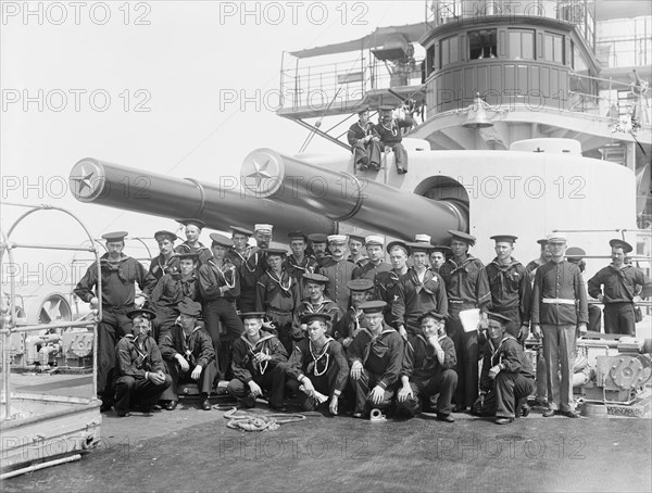 U.S.S. Iowa, group under 12-inch guns, (1898?). Creator: Edward H Hart.