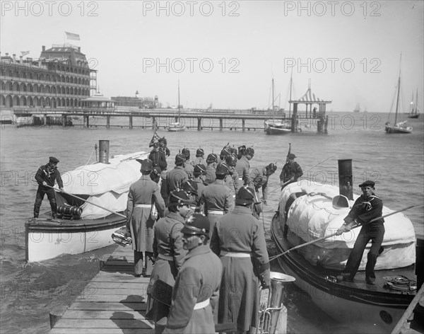 U.S.S. New York, band going aboard at Hampton Roads, between 1893 and 1901. Creator: Edward H Hart.