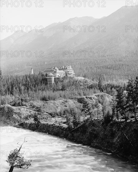 Alberta, Banff Springs Hotel & Bow River, Canadian National Park, Canada, between 1900 and 1910. Creator: Unknown.
